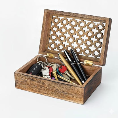 Mela Artisans Wooden Keepsake Box | Medium Burnt Mango Wood Memory & Photo Storage Box with Hinged Lid | Decorative Storage Box | Medium | 7.5x4.5x3 Inch