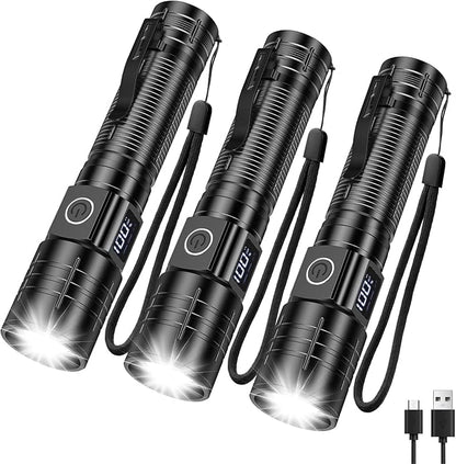 AdamStar Flashlights High Lumens Rechargeable Super Bright LED Flashlight with Dimmable, Zoomable Beam Tactical Flash Lights Small Powerful (3-Pack)