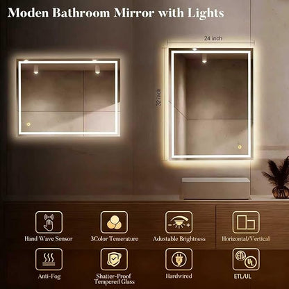 LED Bathroom Mirror with Lights, Hand Wave, Tempered Glass, Shatter-Proof