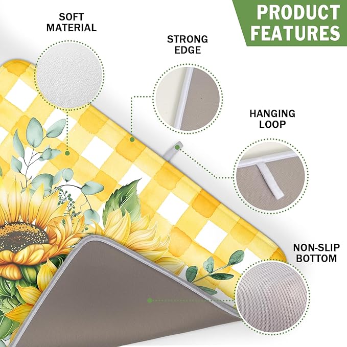 Spring Summer Dish Drying Mat 16x18 Inch Absorbent Reversible Sunflower Drying