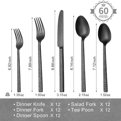 KINGSTONE 60 Pcs Black Hammered Silverware Set for 12, 18/10 Stainless Steel Heavy Duty Flatware Set, Tableware Cutlery Utensil Sets for Home Restaurant Dishwasher Safe
