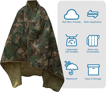 Military Poncho Liner 55”x 79” Camping Blanket Insulation Compact Waterproof for Travel Stadium Outdoor Camping