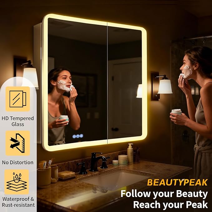 BEAUTYPEAK 36 x 32 LED Bathroom Medicine Cabinet Mirror, Adjustable Shelves