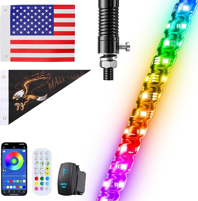 Ehaho 1 PC 4FT Whip Lights with Spring Base, APP & Remote Control Led Whip Lights for Side by Side, Spiral RGB Chasing Lighted Whips with Rocker Switch, Music Led Whips for UTV ATV RZR SXS Can-Am
