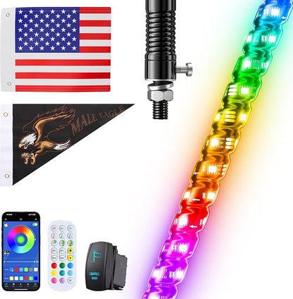 Ehaho 1 PC 4FT Whip Lights with Spring Base, APP & Remote Control Led Whip Lights for Side by Side, Spiral RGB Chasing Lighted Whips with Rocker Switch, Music Led Whips for UTV ATV RZR SXS Can-Am