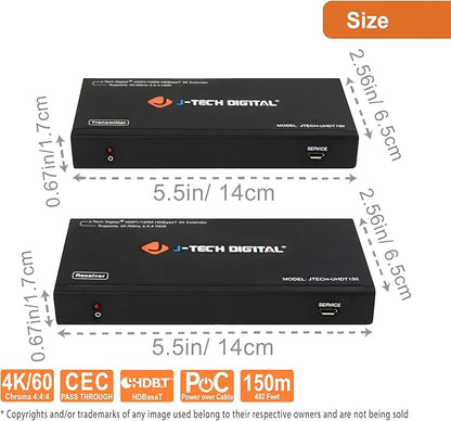 J-Tech Digital Long Range HDMI Extender Over Cat6 150m/492ft HDBaseT 4K60Hz