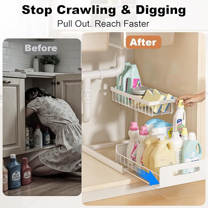 REALINN Under Sink Organizer, Pull Out Cabinet Organizer, 2 Tier Metal Slide