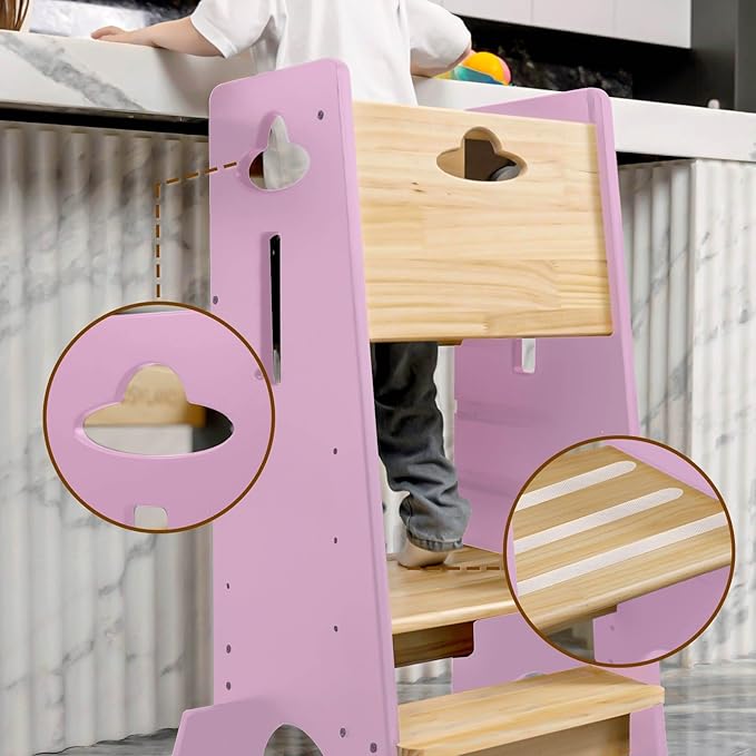 COSYLAND Toddler Standing Tower Adjustable Height - Super Stable Kids Kitchen Stool Helper - 3 Levels Adjustable Wooden Toddler Kitchen Stool (Natural & Pink)