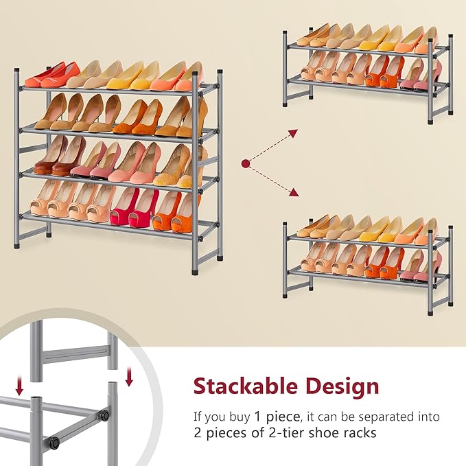 Tajsoon Expandable Shoe Rack for Closet 4 Tier, 29“-41“Adjustable & Stackable