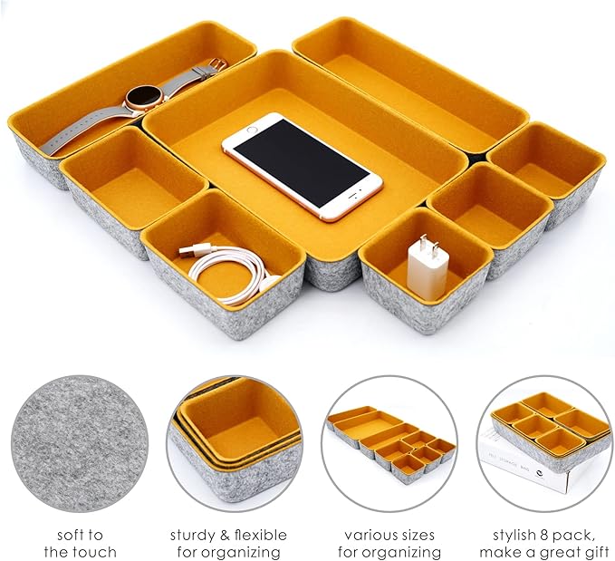 Welaxy Felt Desk Drawer Organizer Trays, 8-Piece Storage Bins