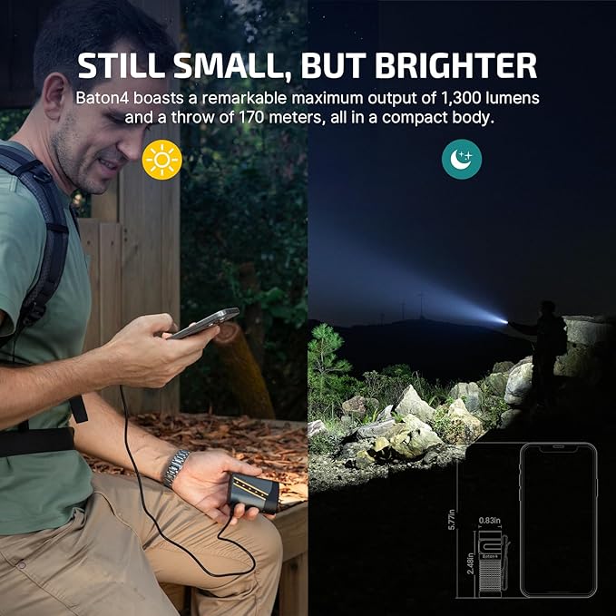 OLIGHT Baton4 Rechargeable EDC Flashlight, LED Pocket Light 1300 Lumens with Magnetic Charging Cable, 6 Modes, IPX8 Waterproof for Home, Camping and Emergency (Fighter Pilot)