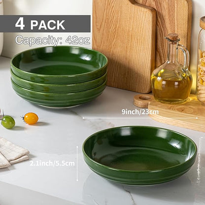 HAPPY KIT Pasta Bowls 42 Oz, Stoneware Reactive Glaze Serving Bowl Set of 4, 9'' Large Salad Bowls for Fruits, Noodle, Dinner, House-warming Wedding Present, Emerald Green