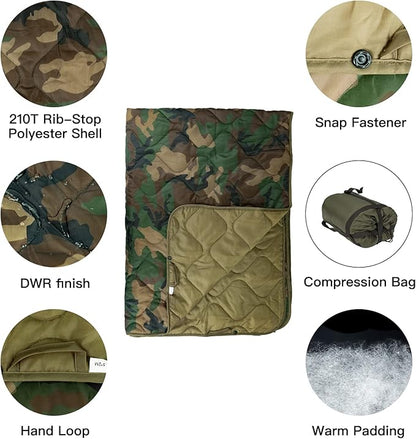 Military Poncho Liner 55”x 79” Camping Blanket Insulation Compact Waterproof for Travel Stadium Outdoor Camping