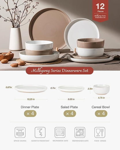 Famiware Milkyway Plates and Bowls Sets, 12 Pieces Stoneware Dinnerware Sets, Dishes Set for 4, White & Cinnamon Brown