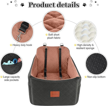 Dog Car Seat for Small/Medium Dogs, Memory Foam Dog Booster Seat, Travel Safety Pet Car Seat with Washable Removable Cover, Storage Pockets for Dogs up to 35 lbs((Black/Brown, Medium)