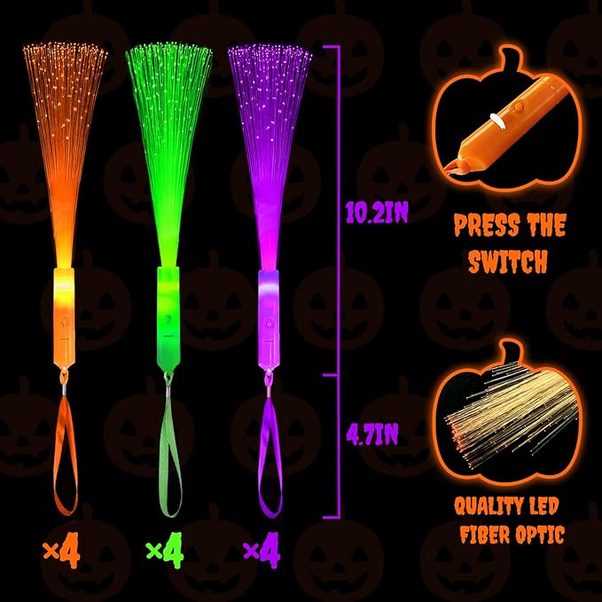 Halloween Glow in Dark Party Favors Accessories-12 Pack, Light Up Fiber Optic Wand Toy Gift for Toddlers, Non Candy Trick or Treat Trinkets,Halloween Prizes Stuff Birthday Games Activities Decorations