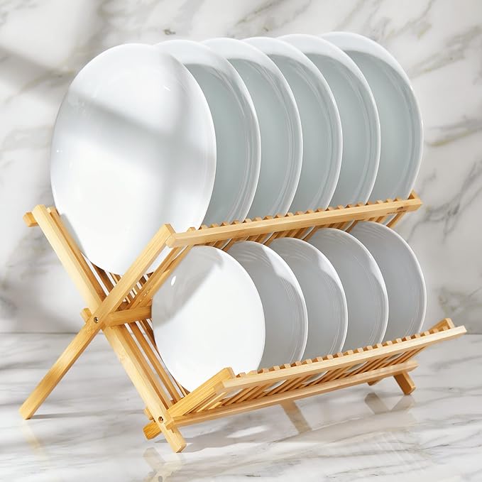 RoyalHouse Premium Natural Bamboo Dish Rack, Collapsible Dish Drainer, Foldable