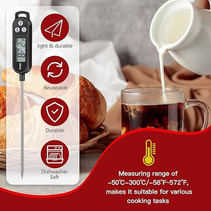 Waterproof Food Thermometer with Long Probe Digital Meat Thermometer for Water, Liquid, Candle and Cooking Instant Read for Kitchen BBQ Grill Candy(Black,White,Red)