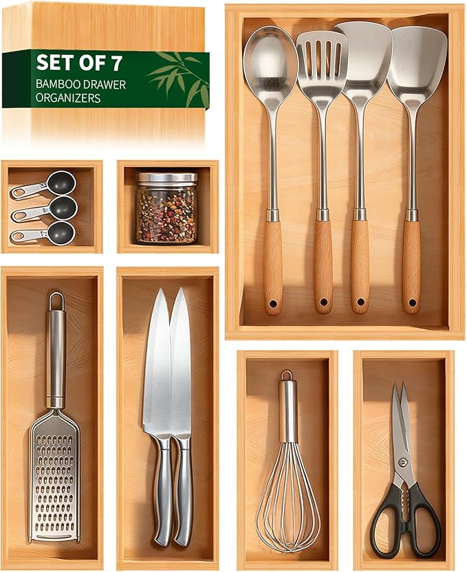 Bamboo Drawer Organizer 7 Pcs for Kitchen Multi-purpose Storage Dividers for