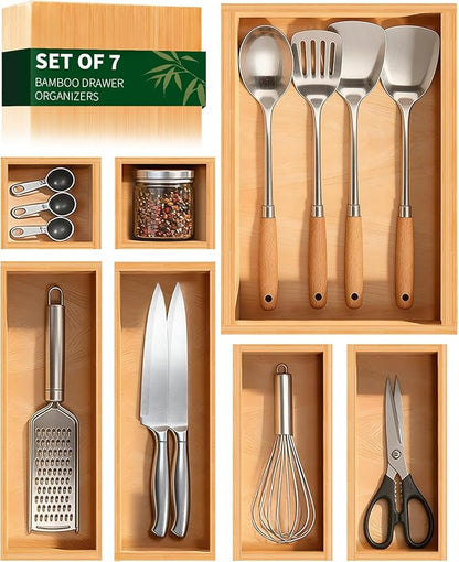 Bamboo Drawer Organizer 7 Pcs for Kitchen Multi-purpose Storage Dividers for