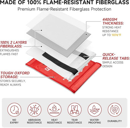 Fire Blanket Emergency for Home Kitchen - 40"x40" Fireproof Safety Protection Fiberglass Flame Retardant Blankets Survival Essential Kit for Outdoor Camping House Car Fireplace Grill BBQ - 2 Pack