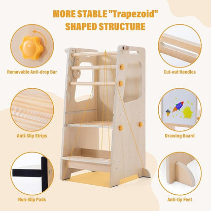Toddler Standing Tower, 4 in 1 Kitchen Stool Helper with Whiteboard, Kids Step Stool with Convertible Table and Chair, Toddler Helper Tower with Adjustable Height for Counter,Sink