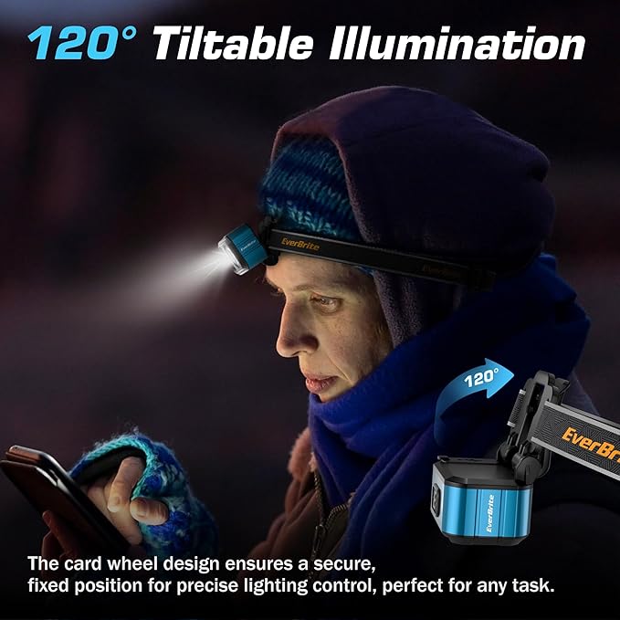 EverBrite Rechargeable LED Headlamp, Only 1.59 OZ Ultra-Light with Hat Clip, IP67 Waterproof, White/Red/Green Light, 7 Modes for Camping, Running and Backpacking-Blue