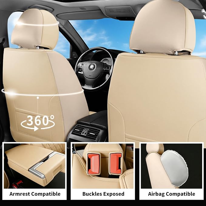 Car Seat Covers Compatible with Hyundai Kona 2018-2025 2026- Full Set 5 Seats Luxury Leather All-Weather Seat Cushions & Protectors, Waterproof & Breathable, Airbag Compatible (Beige)