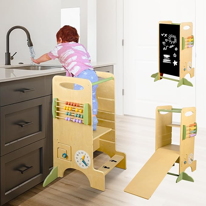 Wooden Toddler Tower Adjustable Height Step Stool, Toddler Kitchen Stool Helper with 8 Fun Learning Activities (Chalkboard, Slide, Bead Maze, Xylophone)