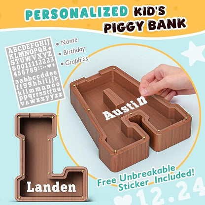 Summidate Wooden Letter Piggy Bank, Extra Thick Large Capacity Piggy Bank for Kids Boys Girls Toddler, Alphabet L Money Bank| Coin Box Birthday, Christmas, Festival