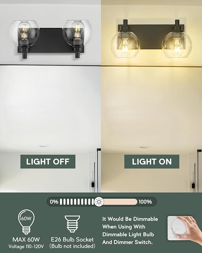 METWET Bathroom Light Fixtures, 2 Light Matte Black Vanity Light, Modern Wall