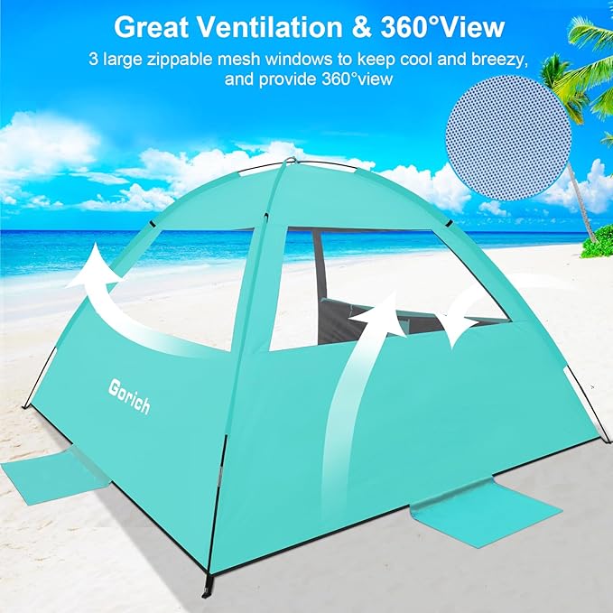 Gorich Beach Tent Sun Shelter for 3/4-5/6-7/8-10 Person with UPF 50ï¼?UV Protection, Lightweight & Easy Setup Beach Shade Canopy, Portable Beach Shade Tent Beach Cabana