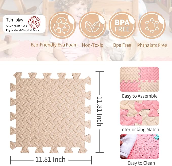 36 Tiles Foam Play Mat for Baby, 0.4 Inch Thick Foam Interlocking Floor Mats, Soft Non-Toxic Baby Playmat, Solid Colored Puzzle Play Mat Kids Floor Mats for Toddler(Beige/Loli Pink)