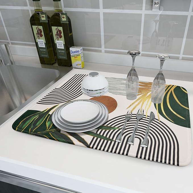 Boho Leaves Dish Drying Mat 18x24 inch Mid Century Absorbent Drainer Rack Mats