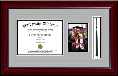 Single Diploma Frame with 5x7 Photo, Tassel and Double Matting for 9" x 7" Tall Diploma with Mahogany 2" Frame