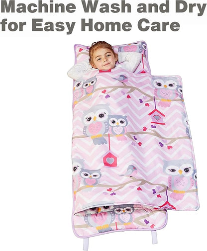 EVERYDAY KIDS Nap Mat with Removable Pillow - Sweet Owls - Carry Handle with Straps Closure, Rollup Design, Soft Microfiber for Preschool, Daycare, Travel Sleeping Bag - Ages 3-6 Years