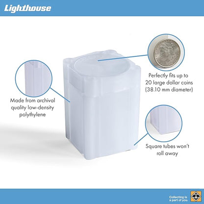 LIGHTHOUSE - Square Coin Tubes - Convenient Push Top, Virtually Unbreakable, Acid Free and Archival Quality - Coin Tubes for US Large Dollars, 10 Pack