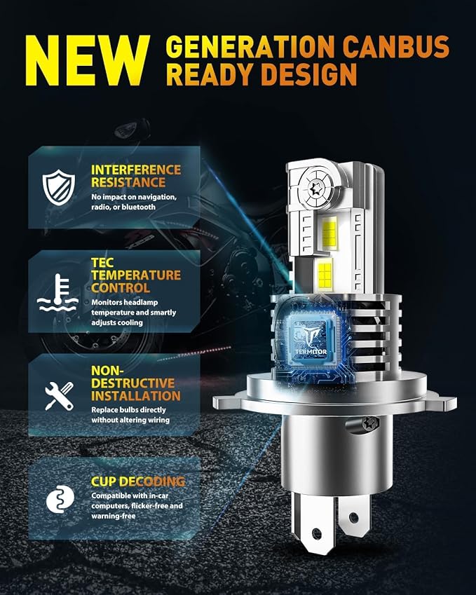 Termitor Latest H4 9003 Fog Light Bulb, HB2 Halogen for Off-road only | 50K Lumens, 6500K Daylight White, No Adapter Required, Easy Install, 70,000hrs+ Lifespan, IP68, 1: 1 size, Pack of 2