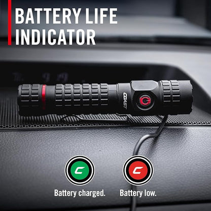 COAST PX200R 2000 Lumen Rechargeable LED Flashlight, TWIST FOCUS, USB-C, 2-Position Pocket Clip
