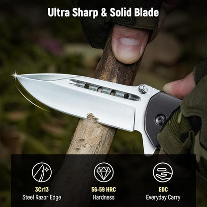 Pocket Knife for Men - 3.46" Sharp Blade Wood Handle Pocket Folding Knives with Clip, Glass Breaker - EDC Knives for Camping Survival Fishing Outdoor Hiking Women Men,Black-Silver