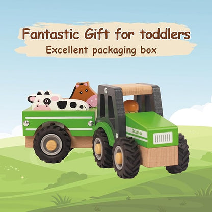 Wooden Tractor Toys for Toddlers 1-3, Baby Vehicle Toys Hand Push Car Toys for 1 2 3 Year Old Boys Girls (Green)