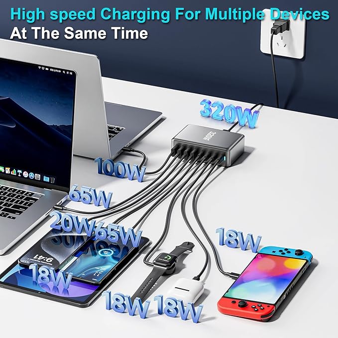320W USB C Charger Block, 8-Port Fast USB Charging Station Hub PD 100W GaN Ⅲ