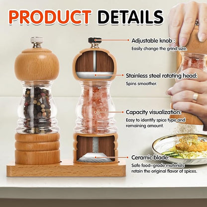 Salt and Pepper Grinder Set, Refillable and Adjustable Grinder
