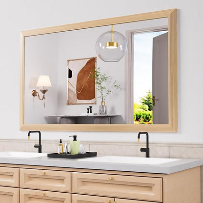 Amorho Bathroom Mirror, 60 X36 Inch Wall Mirror, Oak Wood Grain Metal Framed