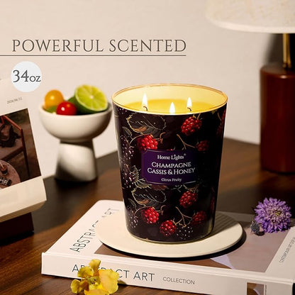 HomeLights Scented Candles for Women & Men, 34oz Candle Jars Aromatherapy 3-Wick Candle, Ideal for Eclectic Mixed Styles Home Decor and Gifts, Champagne Cassis & Honey