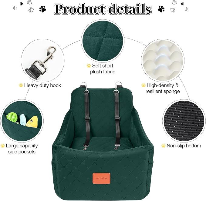 Dog Booster Car Seat for Dogs up to 35lbs, Safety Pet Car Seats with Anti-Slip Bottom, Travel Booster Dog Bed with 2 Storage Pockets (Green, Medium)