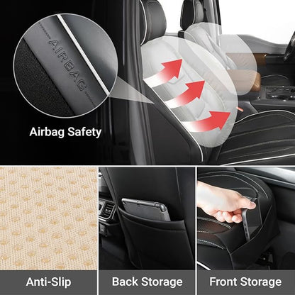 Coverland Custom SUV Car Seat Covers Front Seats for [2011-2019 Ford Explorer Bench Seat] - Protector Water Resistant Leather Memory Form Back Support Seat Cushion [Front - Black with White Stitching]