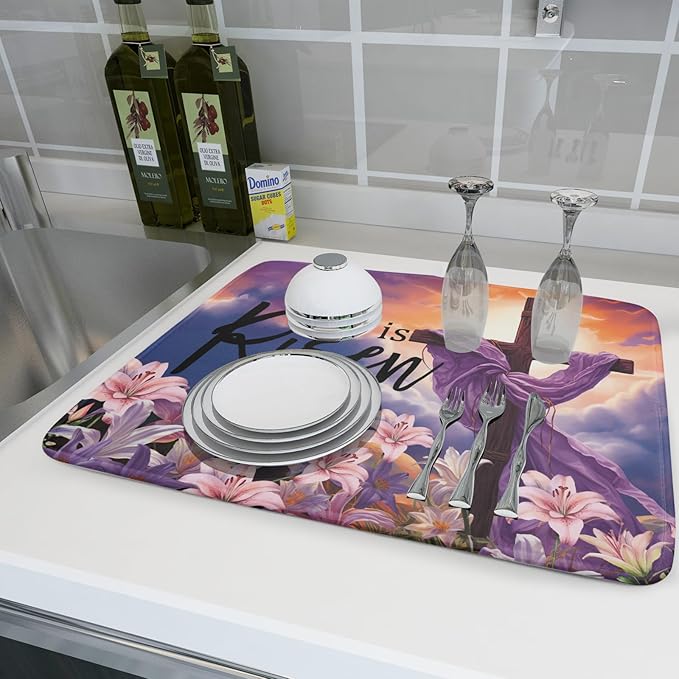Easter Cross He is Risen Dish Drying Mats 18x24 Inch Spring Drying Mat