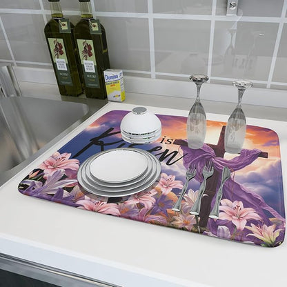Easter Cross He is Risen Dish Drying Mats 18x24 Inch Spring Drying Mat