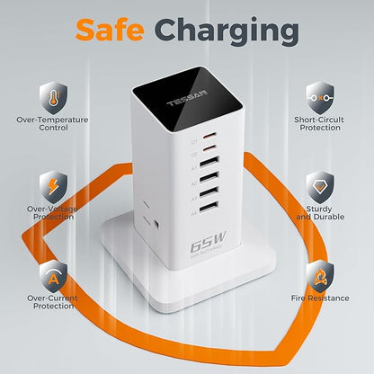 USB Charging Station for Multiple Devices PD 65W, TESSAN 9-in-1 USB C Charger